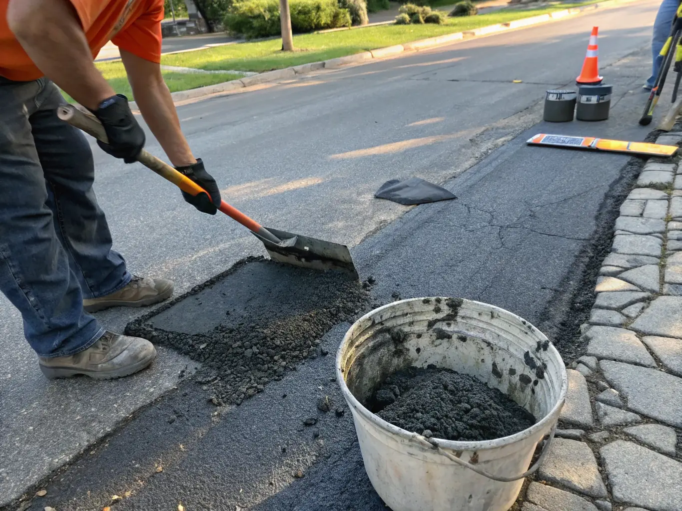A close-up shot of asphalt patching being done on a cracked driveway, highlighting the repair process and the tools used.