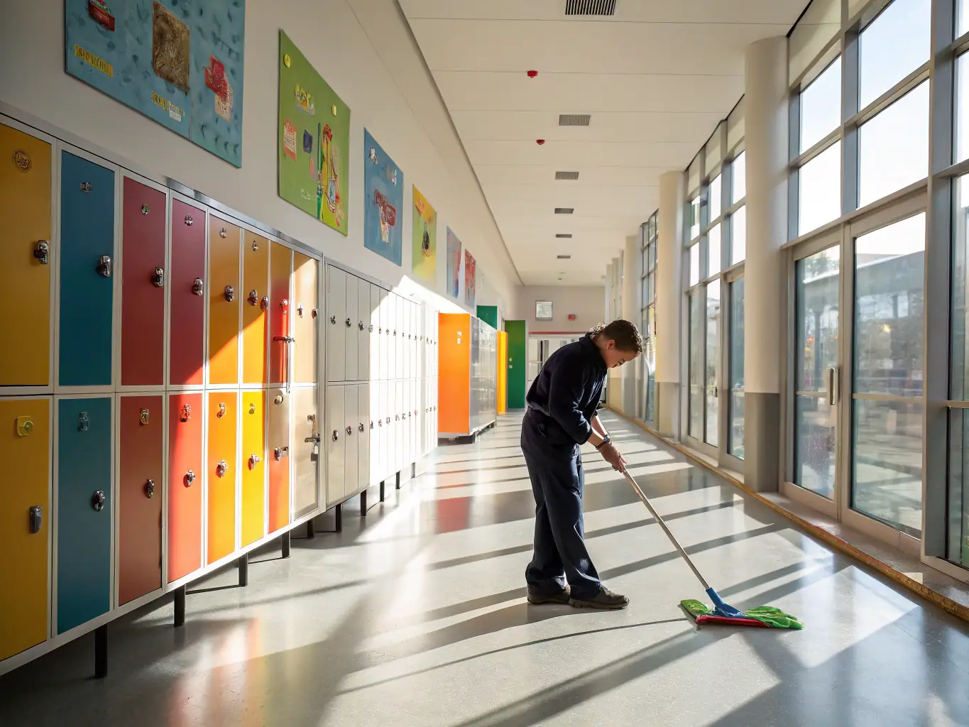 A brightly lit school hallway with clean floors and organized lockers, showcasing a safe and welcoming environment for students.