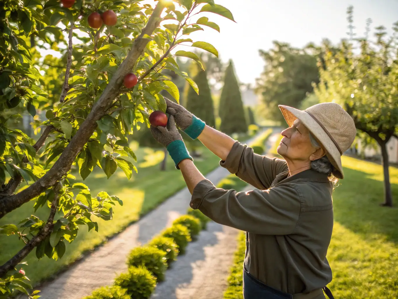 A skilled landscaper pruning a tree with precision, ensuring healthy growth and an aesthetically pleasing shape.
