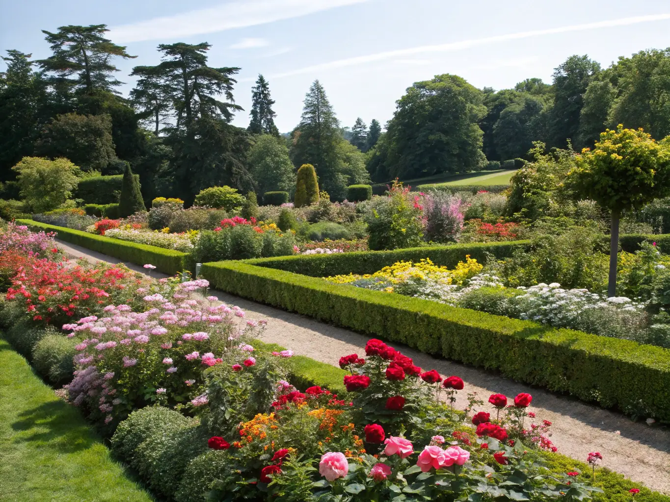 A lush green lawn with vibrant flower beds and neatly trimmed shrubs, showcasing a well-maintained residential garden.
