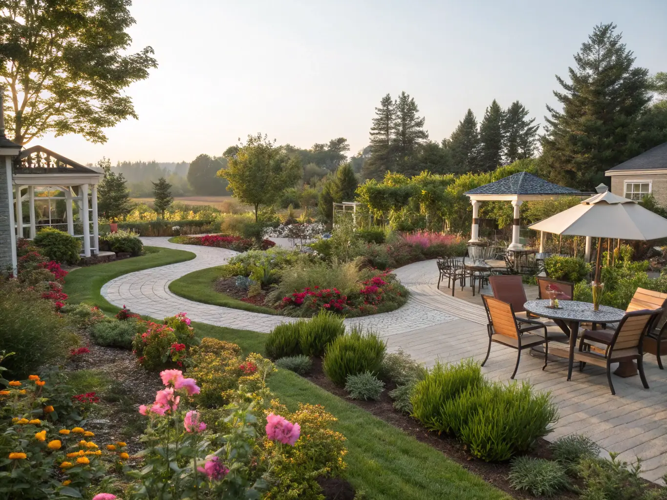 A beautifully designed garden with a variety of plants, flowers, and decorative elements, creating a serene and inviting outdoor space.