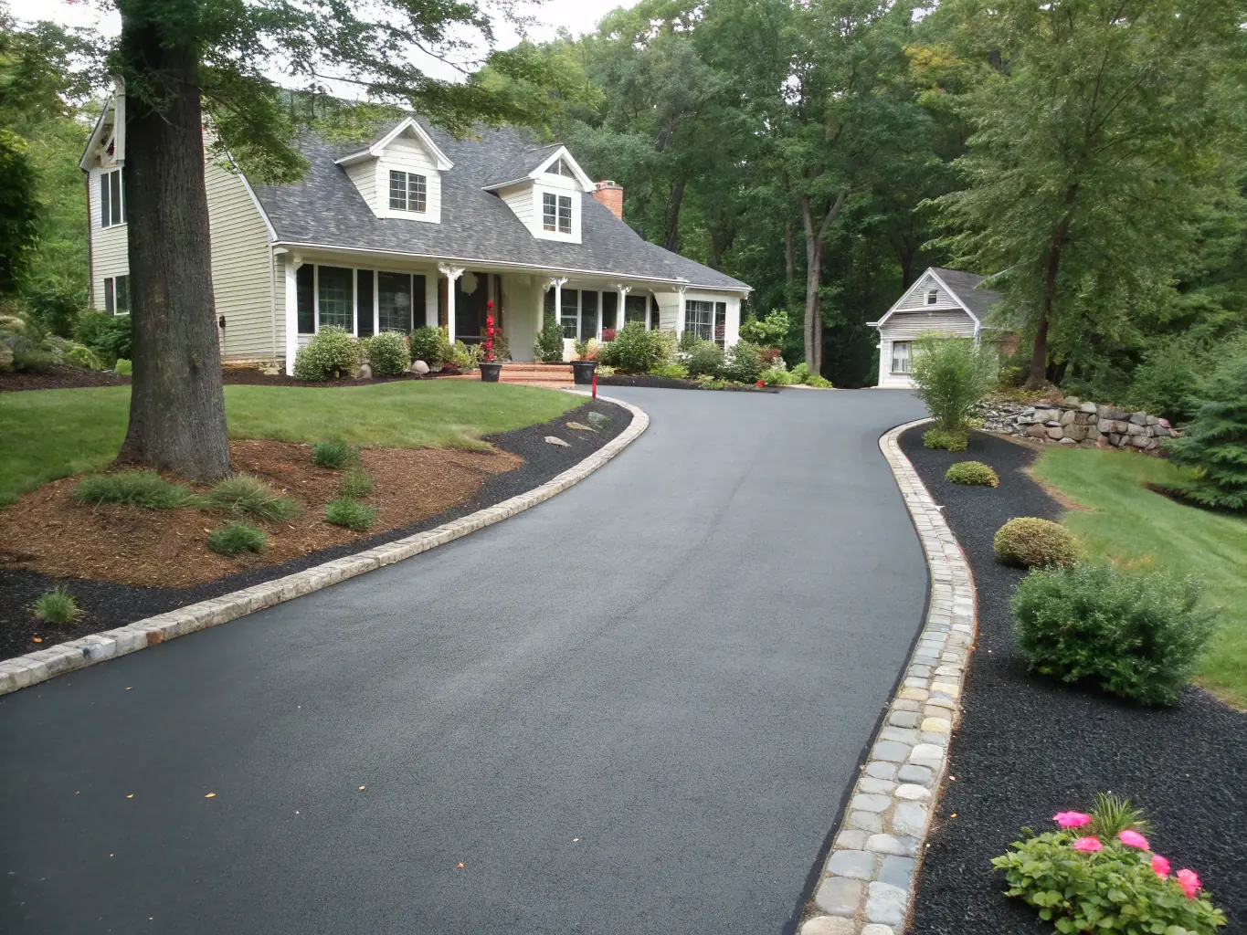 An image showcasing a completed paving project for a residential driveway, demonstrating the transformation from an old, cracked surface to a smooth, new one.
