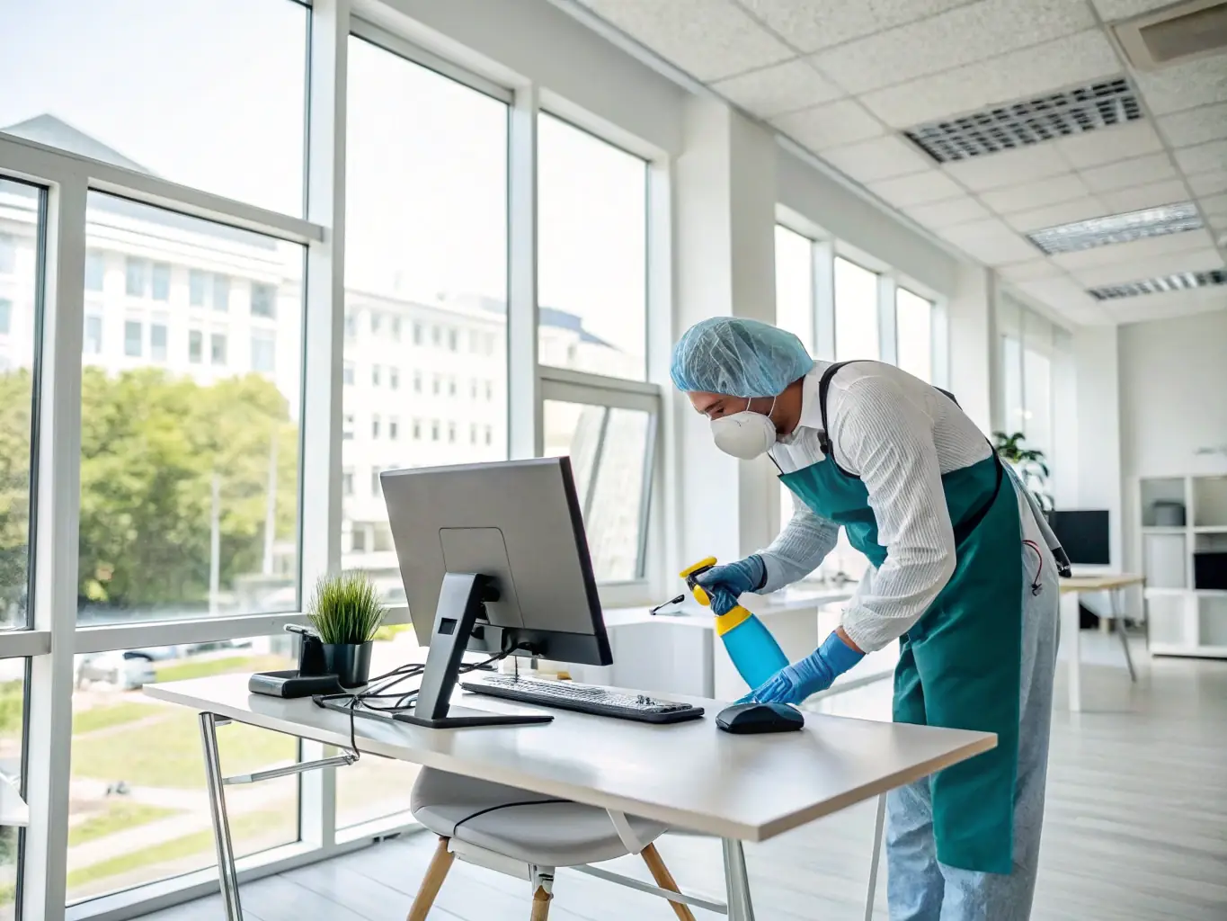 A close-up shot of a cleaning professional sanitizing a high-touch surface in an office, emphasizing the attention to detail and hygiene.