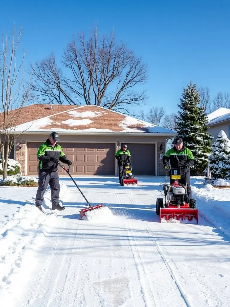 A snow removal team from Barry & Fall Paysagement et Entretien clearing a driveway after a heavy snowfall, emphasizing their snow removal service.