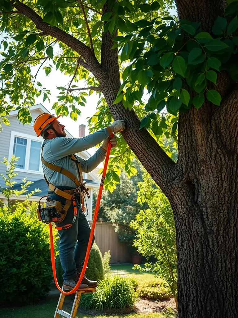 A skilled landscaper from Barry & Fall Paysagement et Entretien carefully trimming a tree branch, highlighting their tree trimming expertise.