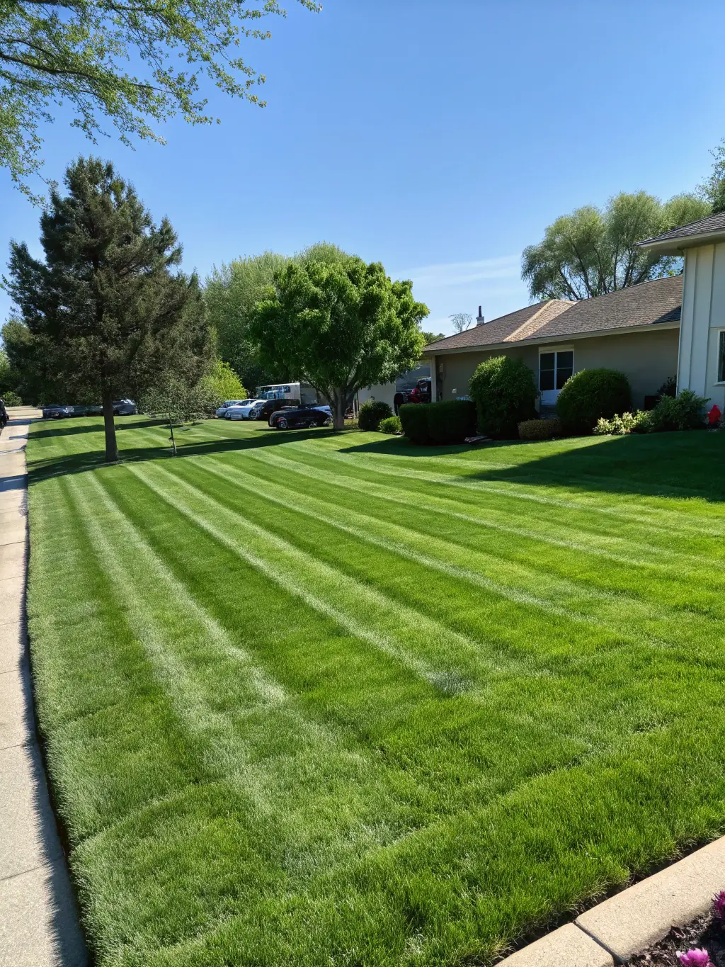 A perfectly manicured green lawn, freshly mowed by Barry & Fall Paysagement et Entretien, showcasing their lawn mowing service.