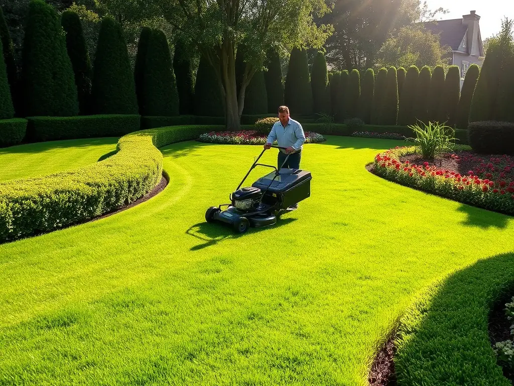 An image of a landscaper using a specialized edger to create a crisp, clean edge along a garden bed. The focus is on the sharp line between the grass and the flower bed, demonstrating the precision of edging services.