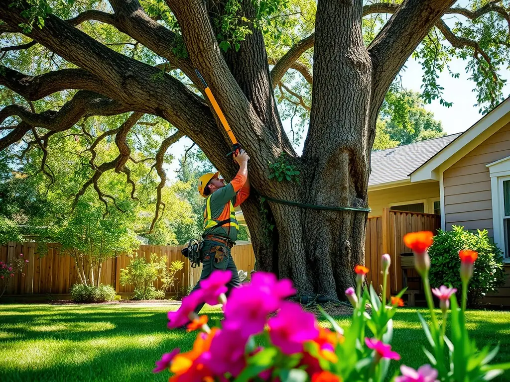 A professional landscaper using a pole saw to carefully trim high branches of a mature maple tree in a residential backyard, showcasing precision and safety measures.
