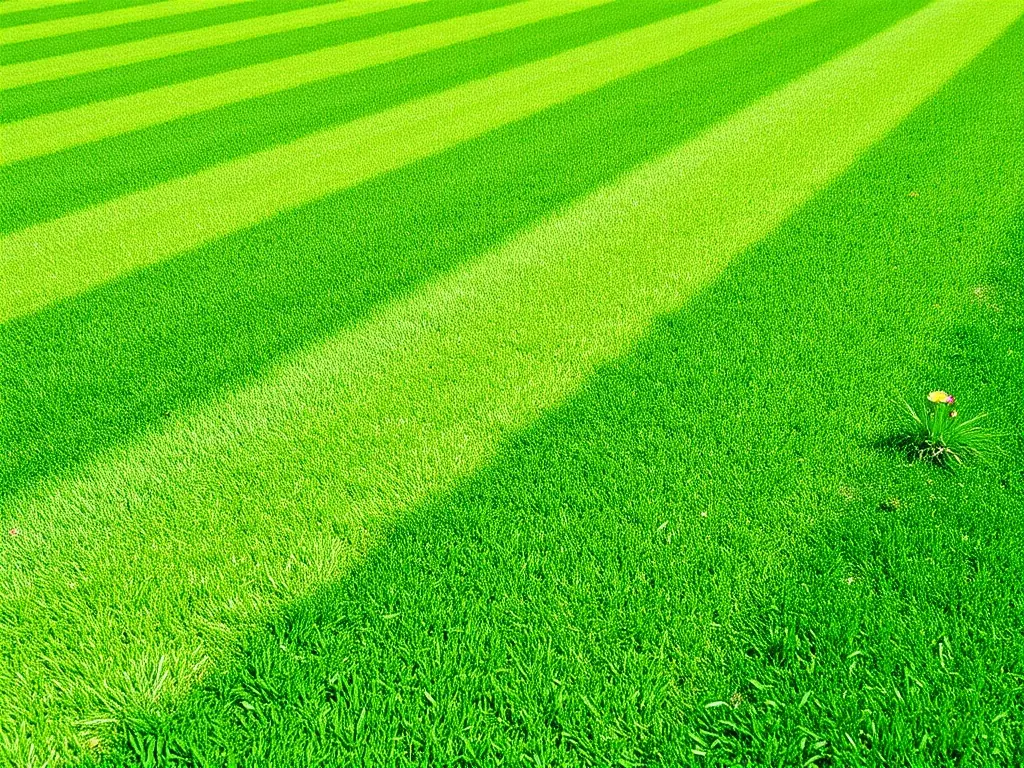 A close-up shot of a well-manicured lawn with distinct mowing patterns, showcasing the precision and care taken in a standard lawn mowing service. The grass is lush and green, highlighting the health and aesthetic appeal achieved through regular mowing.