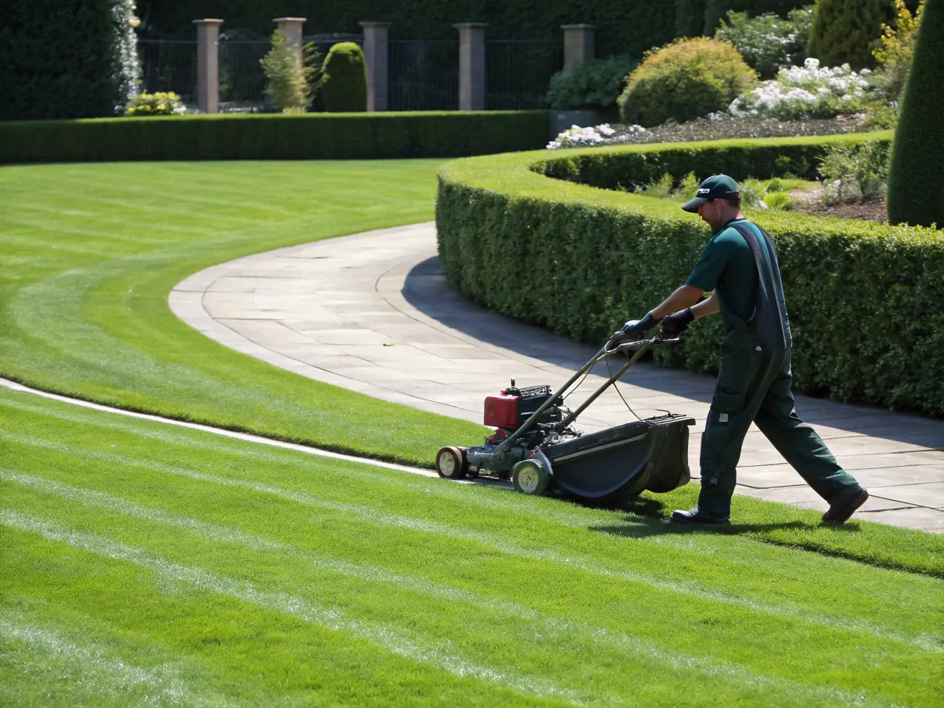 A wide shot of a large property being mowed by a professional riding mower, illustrating the efficiency and scale of commercial lawn mowing services. The property is well-maintained, with neatly trimmed grass and clear boundaries.