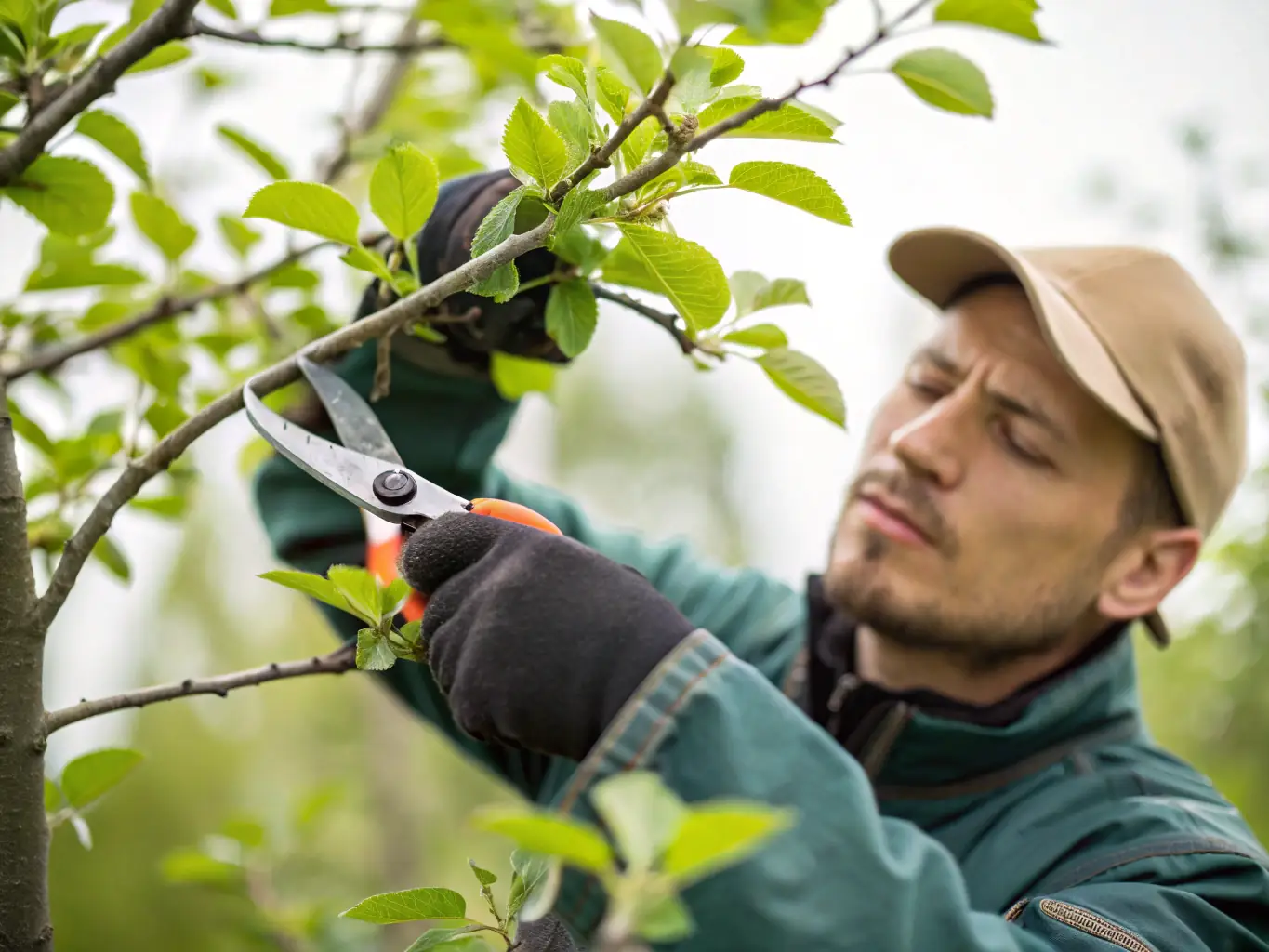 A close-up shot of a landscaper's hands using pruning shears to carefully thin out branches of a flowering dogwood tree, promoting better air circulation and sunlight penetration.